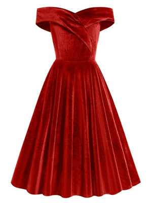 One-shoulder Christmas Velvet Claret A-line Skirt Cocktail Party Formal Midi Dress