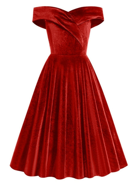One-shoulder Christmas Velvet Claret A-line Skirt Cocktail Party Formal Midi Dress
