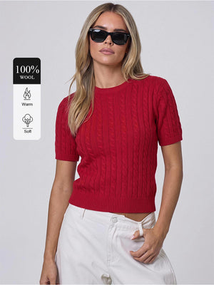 100% Wool Short-Sleeve Cable-Knit Sweater
