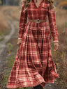 Red Plaid Shirt Waist Western Country Style Casual Midi Dress