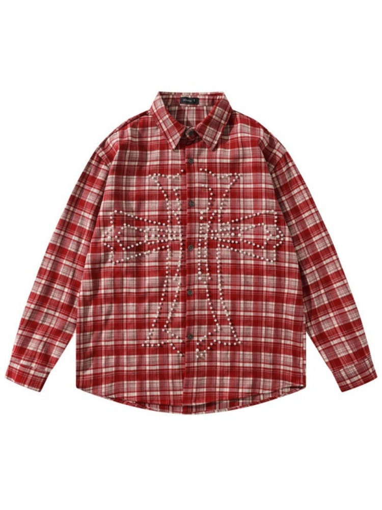 Loose Plaid Cross Beading Long-sleeved Shirt