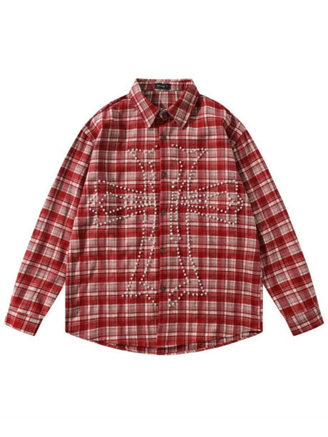 Loose Plaid Cross Beading Long-sleeved Shirt