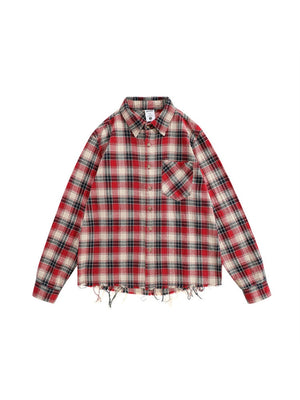 Contrasting Colors Plaid Loose Lapel Raw Edge Buttons Long-sleeved Shirt