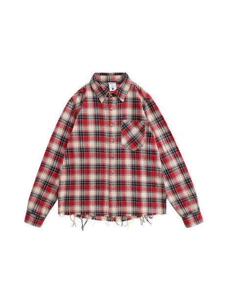 Contrasting Colors Plaid Loose Lapel Raw Edge Buttons Long-sleeved Shirt