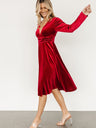 V-neck Long Sleeve Pleated Velvet Midi Dresses