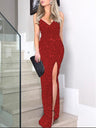 V-neck Sexy Slit High Waist Sequins Maxi Dresses