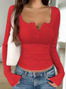 Lace Button V-neck Slim-fit Long-sleeved T-shirt
