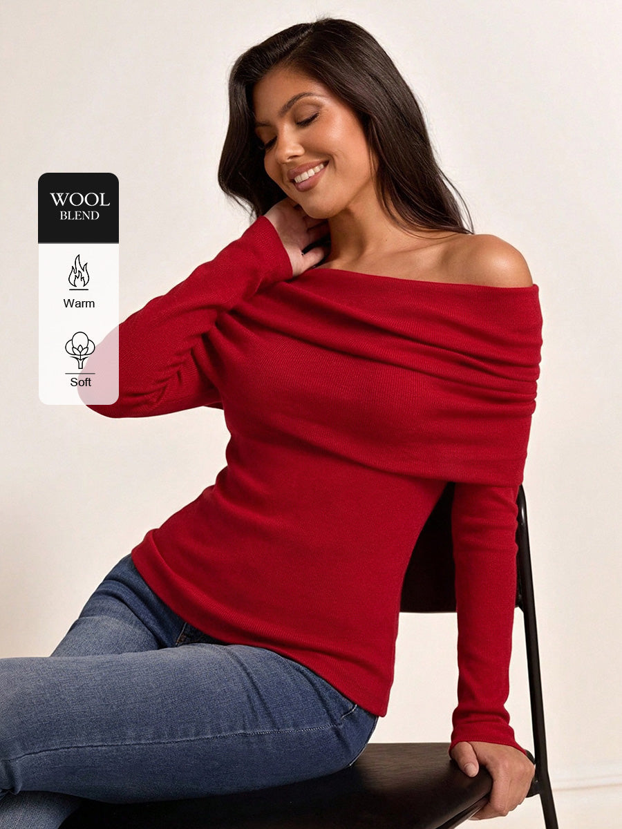 Draped Off-Shoulder Ribbed Sweater