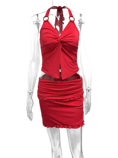 Liber Summer Women's Ruffle Solid Color 2-piece Sets
