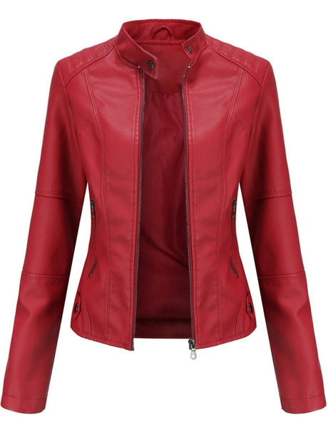 Street Cool Thin Stand Collar Zipper Leather Jacket