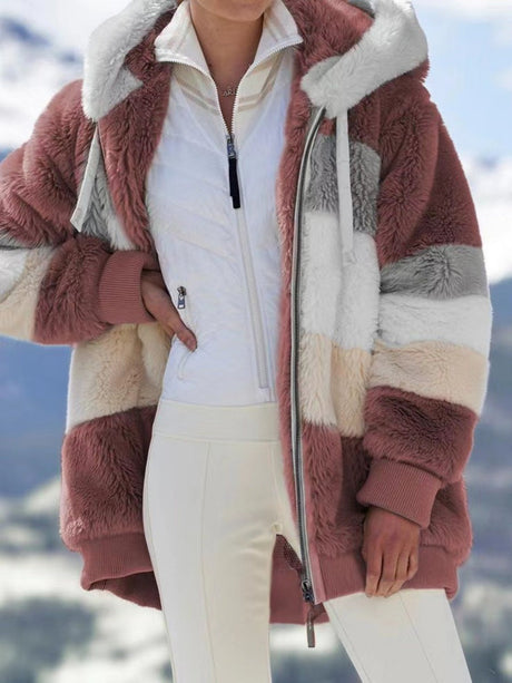 Loose Solid Color Plush Zipper Hood Color-block Jacket