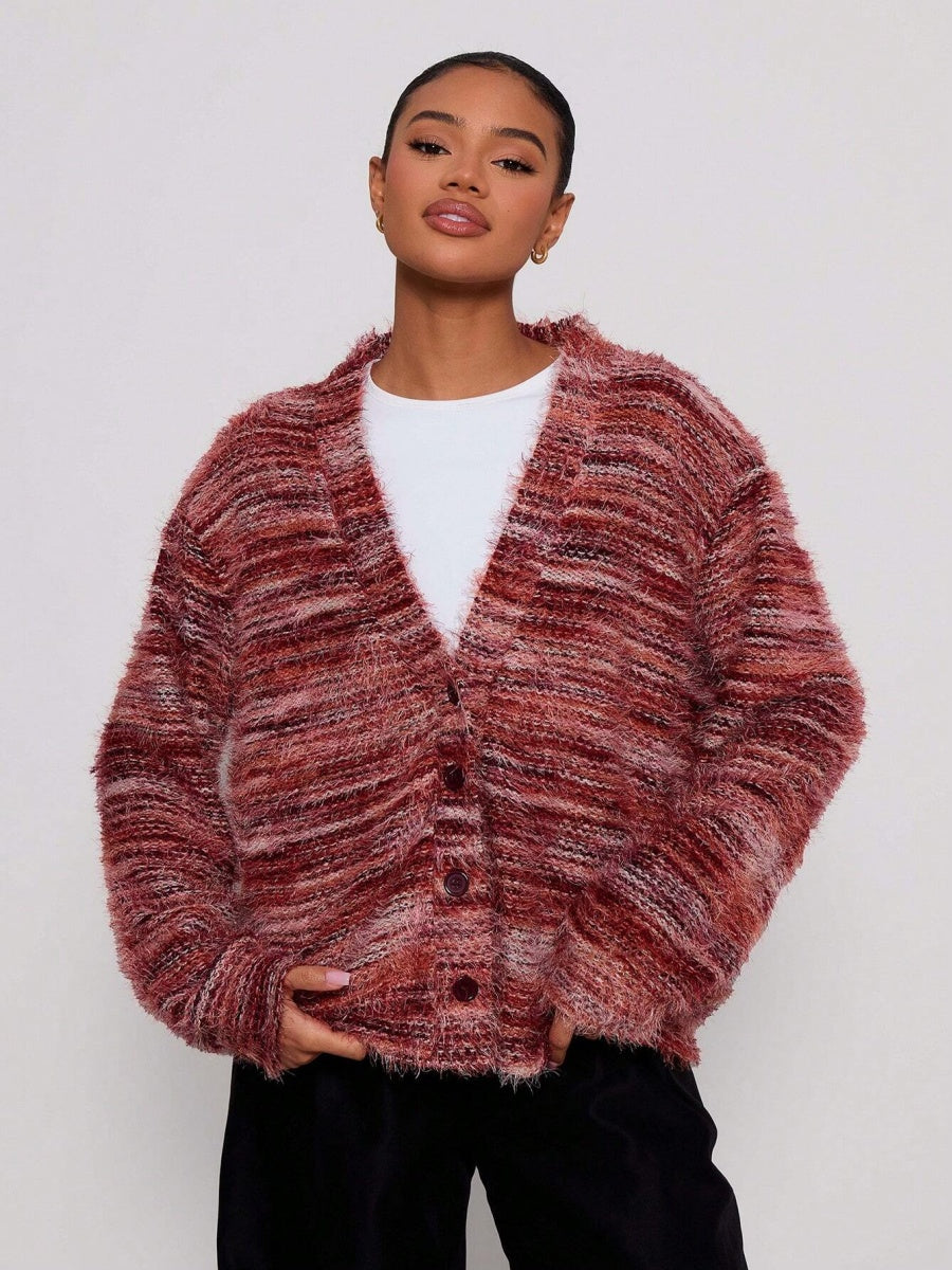 Fluffy Color matching Buttons Cardigans