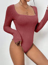 Knitted Ribbed Brushed Striped Square Neck Long-Sleeved Bodysuit Top