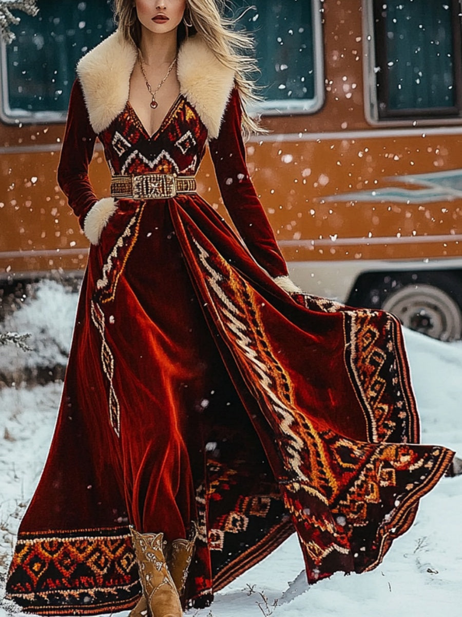 Velvet Red Western Prints Fur Collar Flannel Thickening Maxi Dresses
