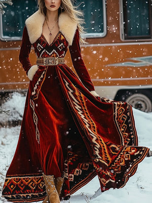 Velvet Red Western Prints Fur Collar Flannel Thickening Maxi Dresses