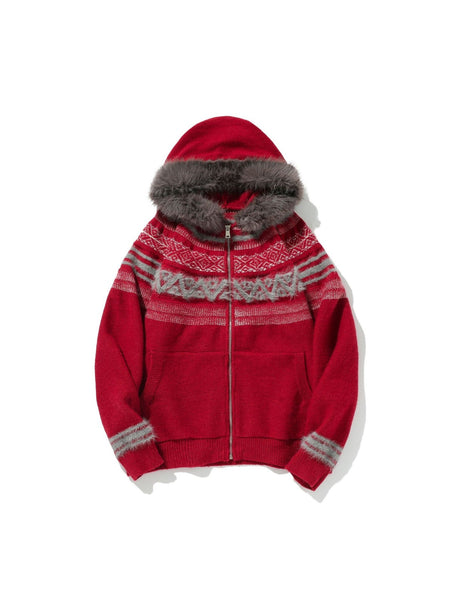 Fair Isle Pattern Fur Collar Hooded Splicing Cardigans