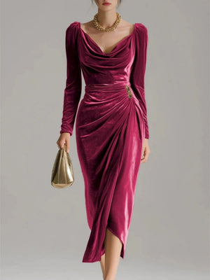 Long-sleeved Velvet With A Cowl Neckline Wrinkles Formal Dinner Cocktail Midi Dress