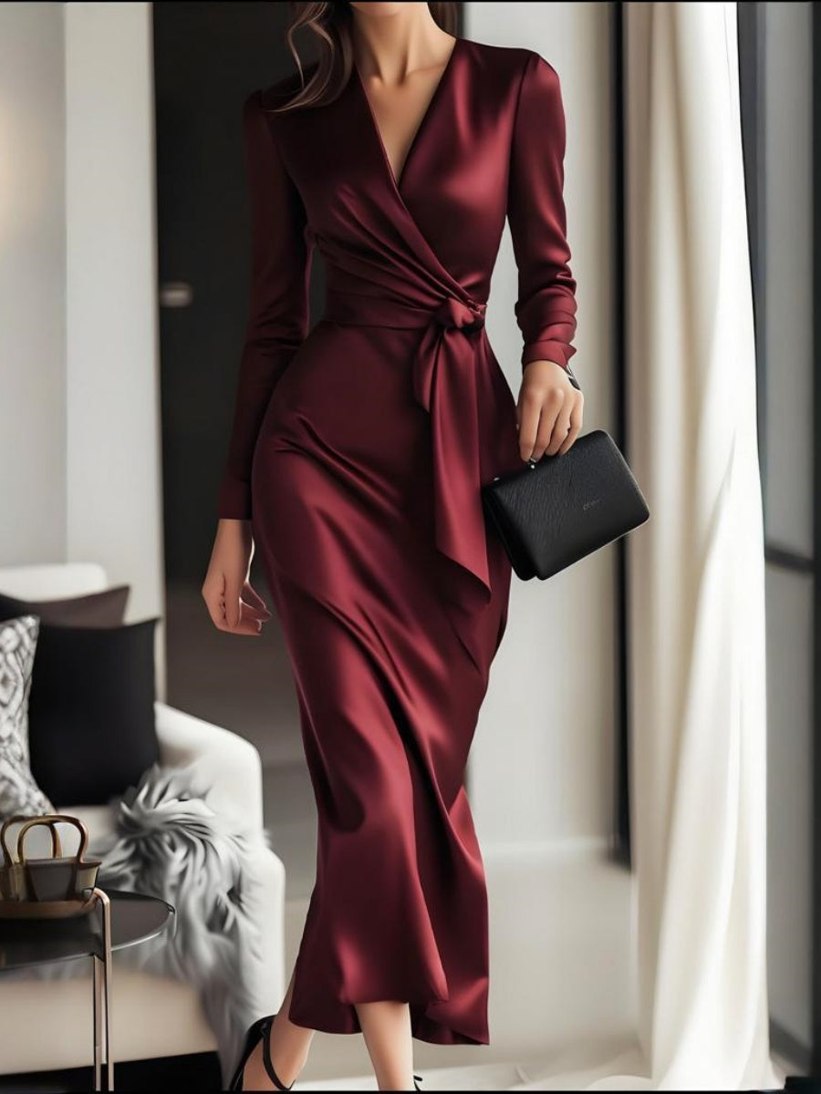 Long-sleeved V-neck Wrap Style Satin Waist Cinching With Straps Elegant And Formal Evening Wear: Midi Dress