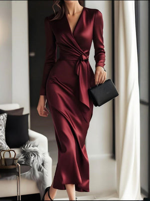 Long-sleeved V-neck Wrap Style Satin Waist Cinching With Straps Elegant And Formal Evening Wear: Midi Dress