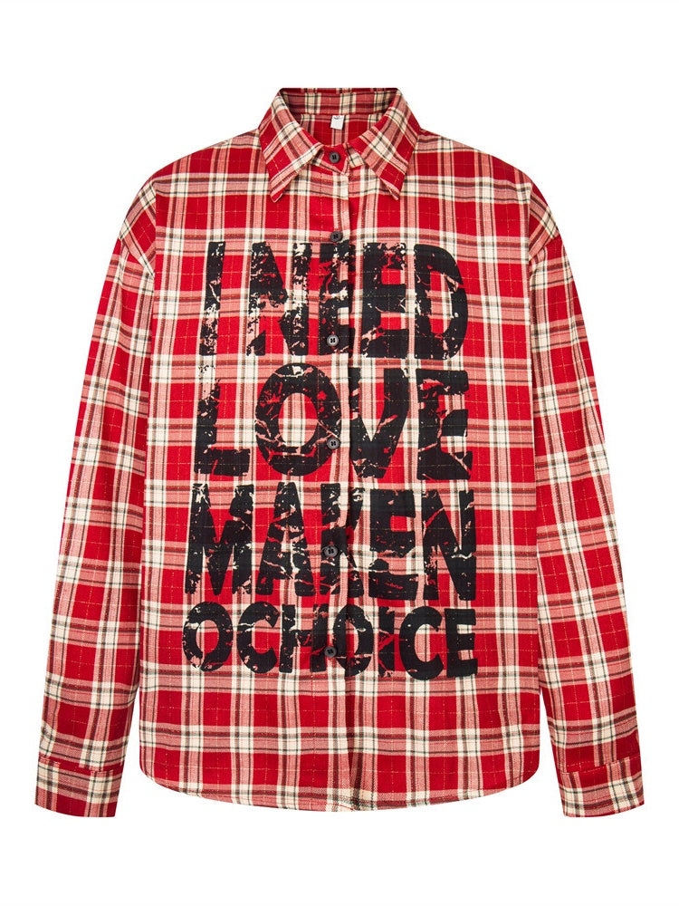 Punk Loose Plaid Printed Letters Plaid Long-sleeved Shirt
