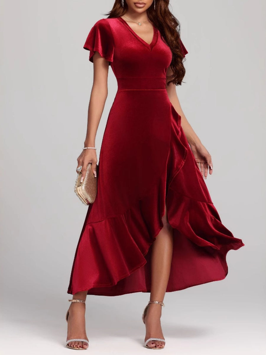 Large Velvet V-neck Flying Sleeves Irregular Hem Long Dress