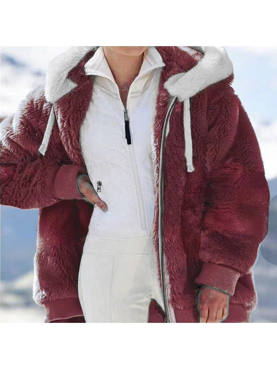 Loose Solid Color Plush Zipper Hood With Pockets Solid Color Jackets