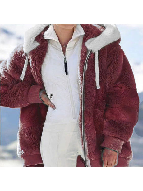 Loose Solid Color Plush Zipper Hood With Pockets Solid Color Jackets