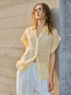 Breathable Ramie Basic Solid Color Short-sleeved Shirt