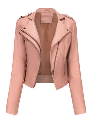 Studs Short Stand Collar Zipper Leather Jacket