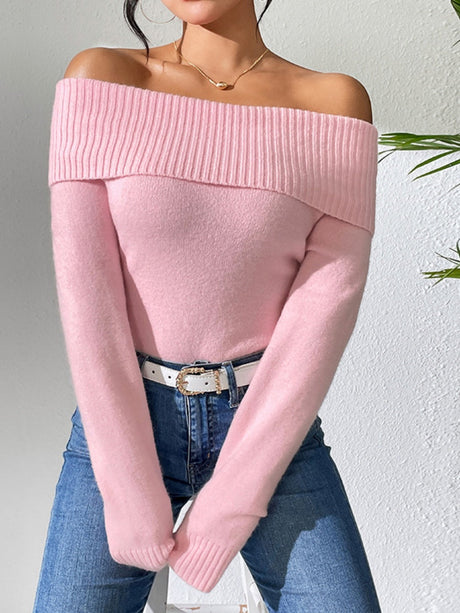 Liber Autumn women's knitted off-shoulder one-shoulder pullover mesh see-through top