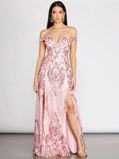 Pink Sequins Off-shoulder Slit Maxi Dresses