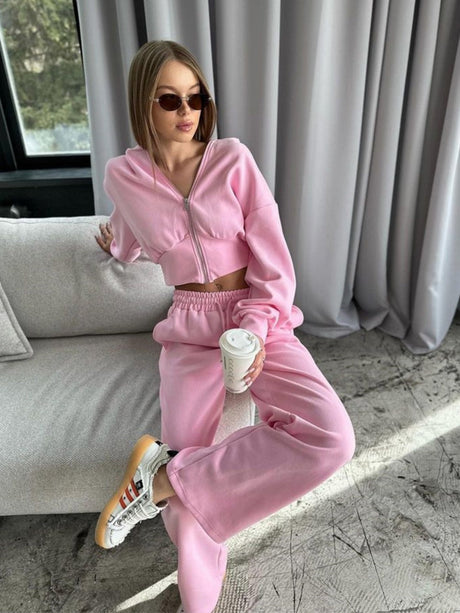 Liber Autumn women's clothing Drawstring Hooded Zippered solid color long-sleeved cardigan two-piece set