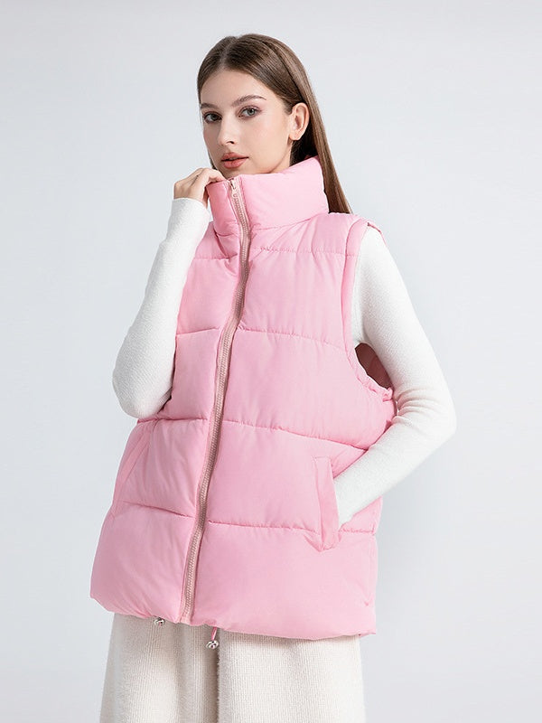 Stand Collar Sleeveless Zipper Pocket Warm Loose Mid-length Down Cotton Vest Jacket