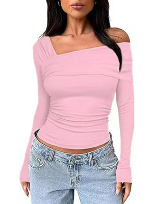 One Shoulder Long Sleeve Pleats Slim Fit T-shirts
