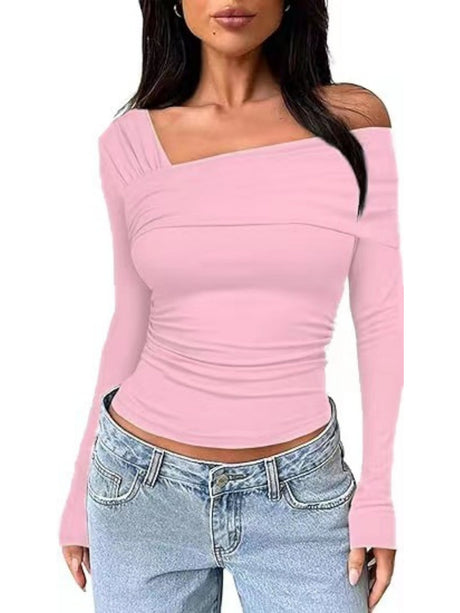 One Shoulder Long Sleeve Pleats Slim Fit T-shirts