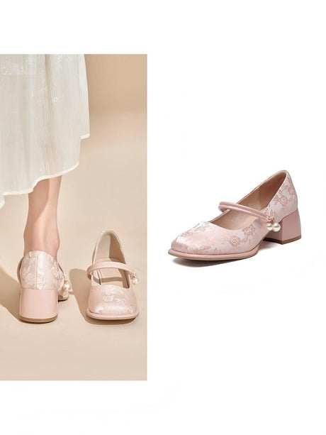 Liber Spring and Autumn Embroidery Print Pearl Women's High Heel Mary Jane Shoes