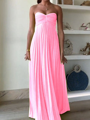 Liber Summer Women's Pleated Solid Color Tube top Maxi Dresses