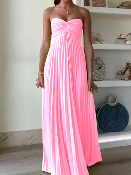Liber Summer Women's Pleated Solid Color Tube top Maxi Dresses