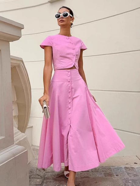 Short top A-line skirt button Umbrella skirt two-piece suit