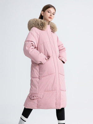 Women's Fur Collar Hooded Down Jacket, Extended Style, Knee-length Thickened Down Jacket，removable Collar