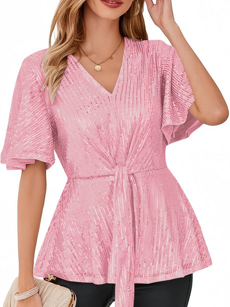 V-neck Pullover Sequins Tie-strap Mesh/see-through Top