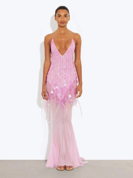 Liber Winter Women's Backless Splicing Deep V-neck Maxi Dresses