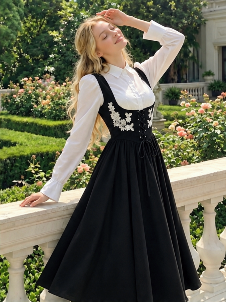 Straps Splicing Lace Sweet Retro Midi Dresses