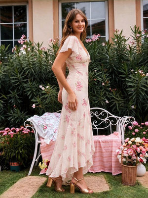 Romantic Floral Lace Patchwork Waist-cinching V-neck Fishtail Long Dress
