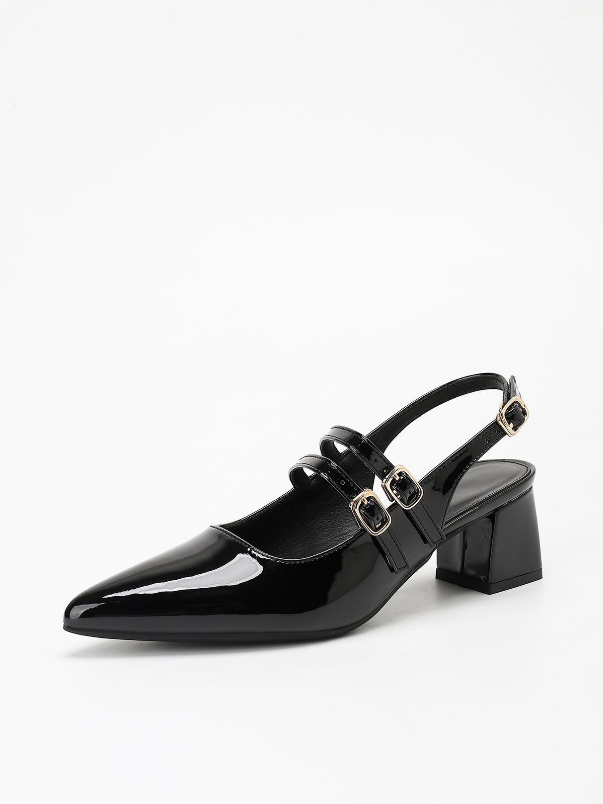 Metal Buckle Pointed Toe Open Back Chunky Heel Mary Jane Shoes
