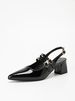 Metal Buckle Pointed Toe Open Back Chunky Heel Mary Jane Shoes