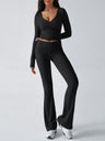 V-neck Long Sleeve Pants Pleated Navel Solid Color 2-piece Sets