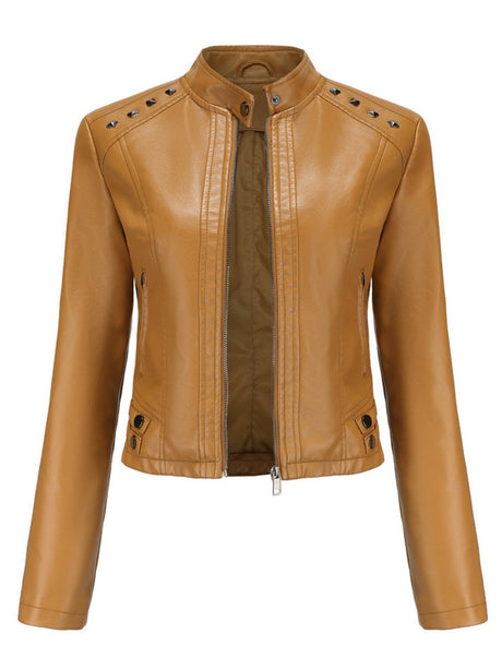 Studs Long Sleeve Stand Collar PU Leather Jackets
