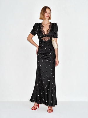 Floral Satin Maxi Dress With Sexy V-neck And Lace Trim Midi Dresses