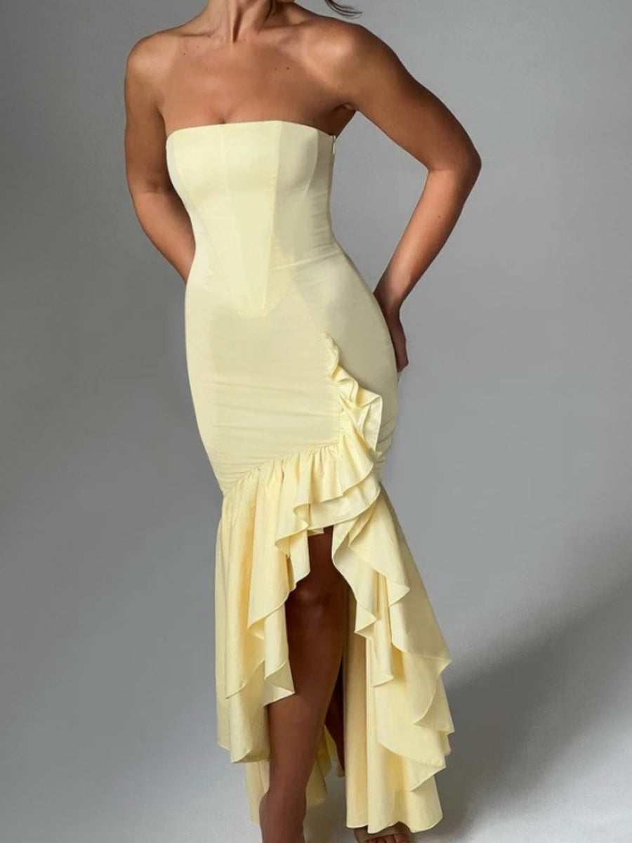 Tube Top Multi-layer Ruffles Hip-hugging Parties Maxi Dresses